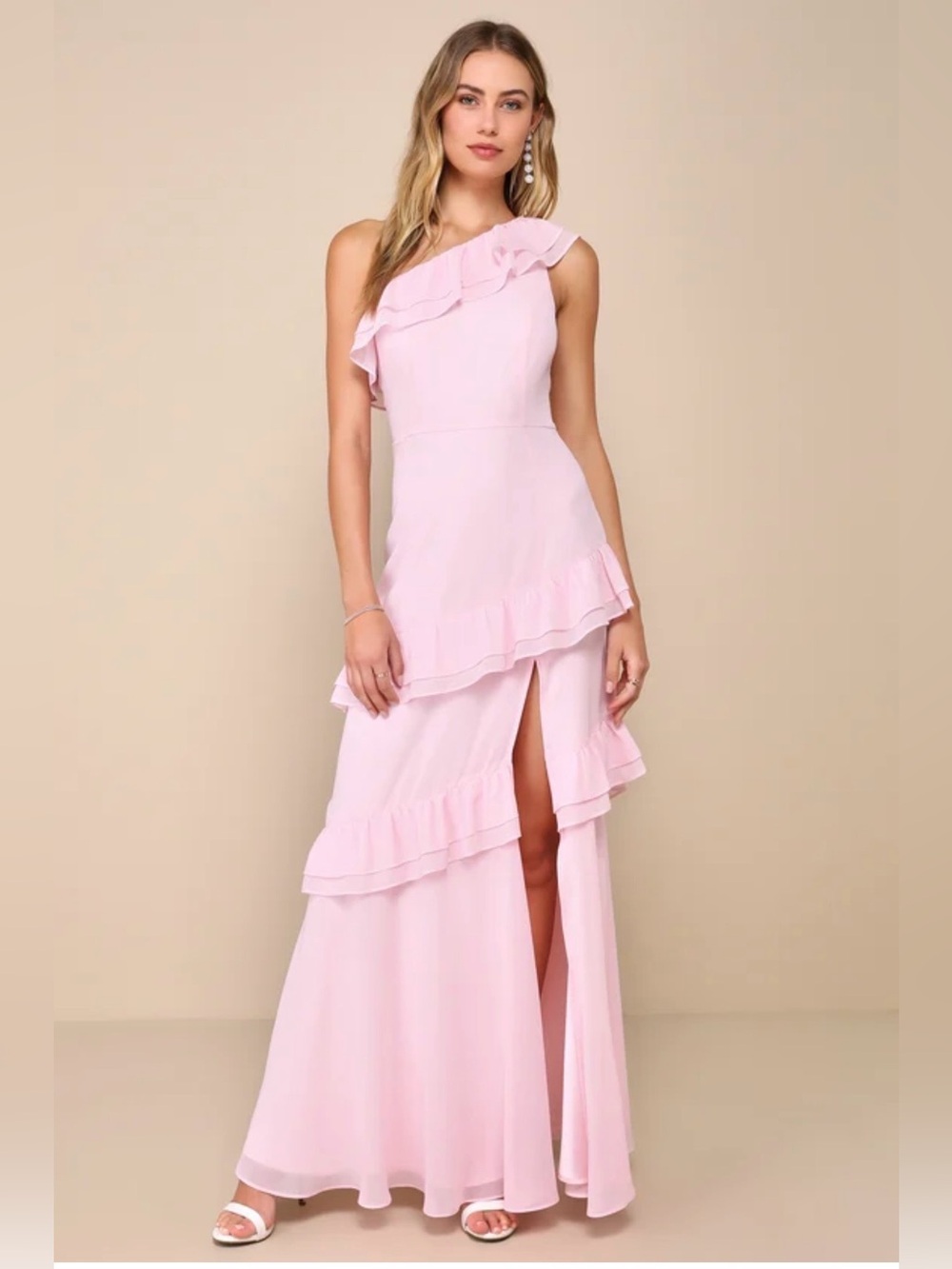 Lulus Brilliant Grace Light Pink Ruffled One-Shoulder Maxi Dress Sz S